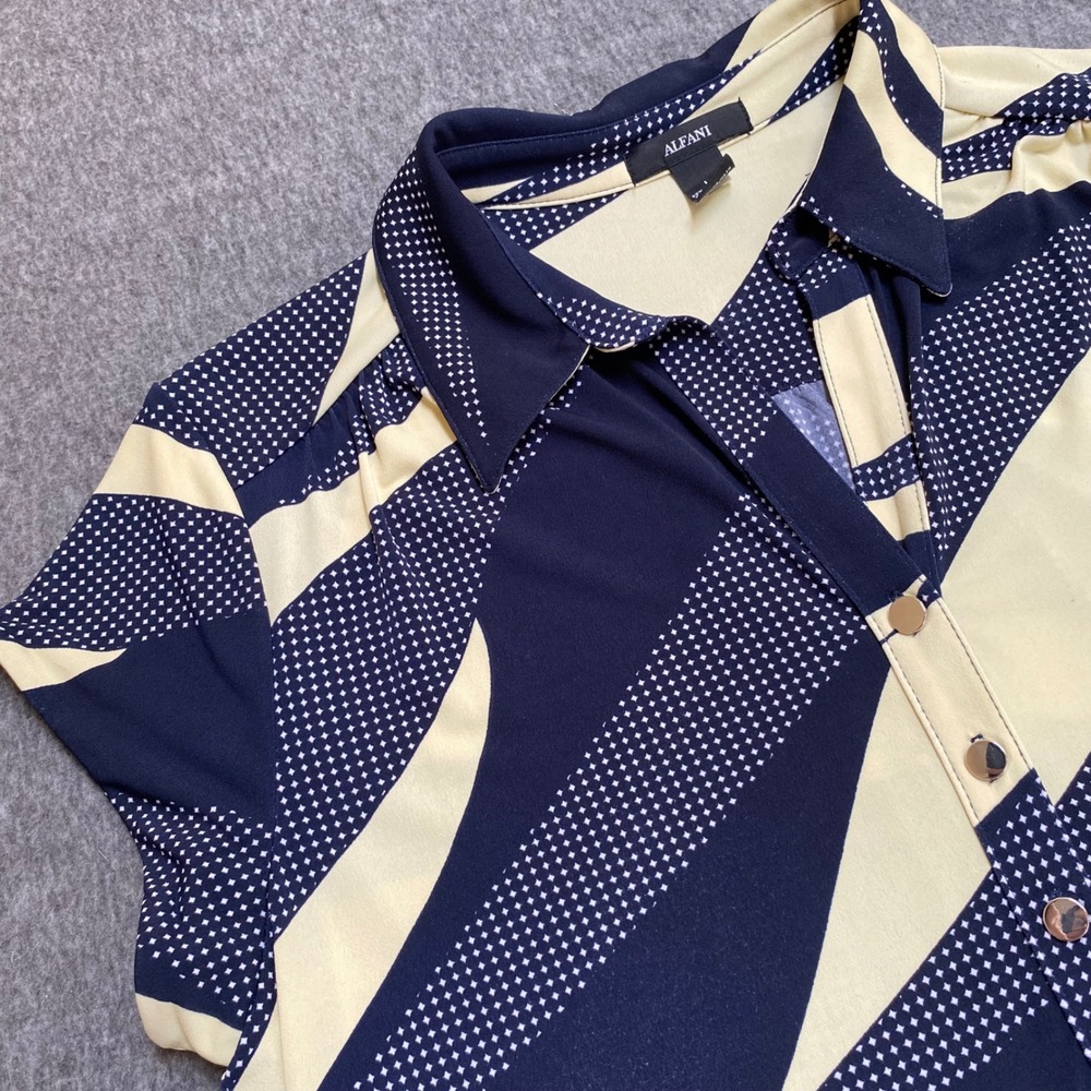 Alfani Womens Navy Blue Cream Abstract Swirl Print Short Sleeve Blouse Large